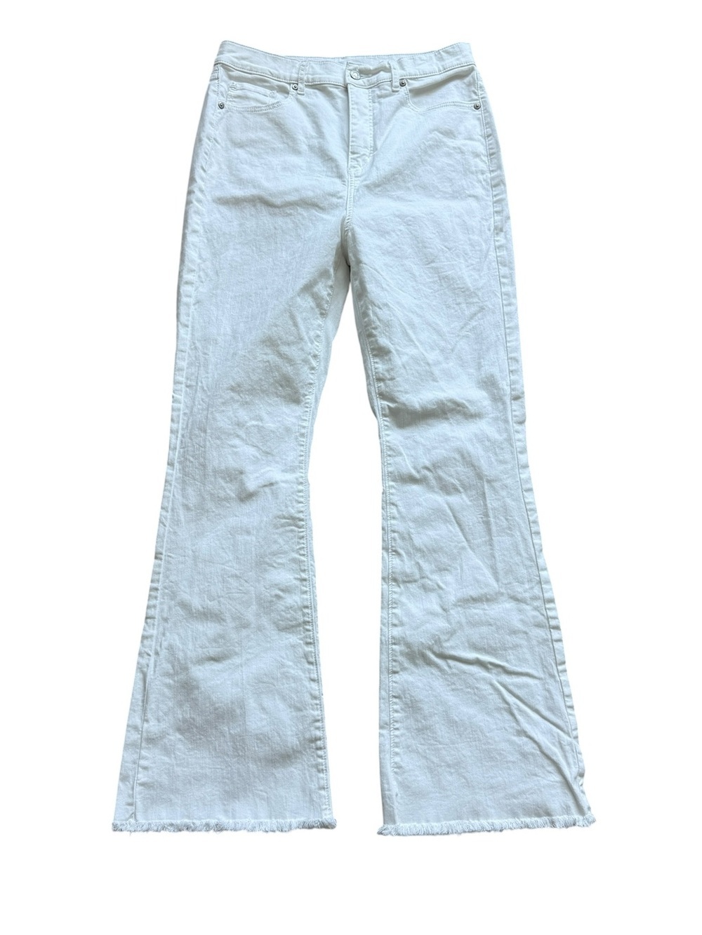 LOFT White High Rise Flare Jeans Frayed Hem Stretch Denim Size 29 x 31 Boho Chic
